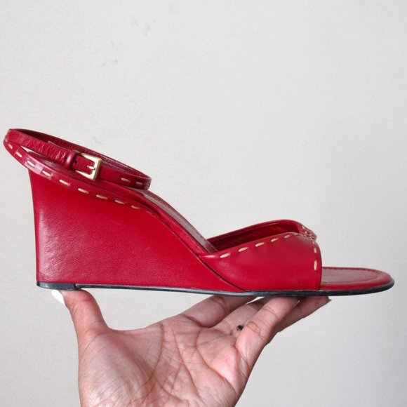FRANCO SARTO Red Ankle Strap Wedge Heels Open Toe Sandals Sexy Chic Pair! - Picture 4 of 13